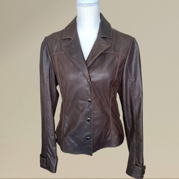Henry Grethel Brown Leather Jacket Moto Tailored Buckle Accents Snap Front - Picture 3 of 15
